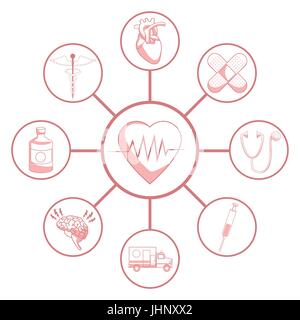 weißen Hintergrund mit roten Farbe Abschnitte der Silhouette Herzschlag verbunden mit kreisförmigen Rahmen Elemente Gesundheit Stock Vektor