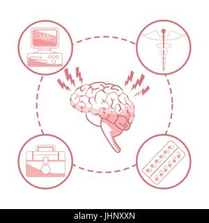 weißen Hintergrund mit roten Farbe Abschnitte der Silhouette-Gehirn-Organ mit kreisförmigen Rahmen Elemente Gesundheit Stock Vektor