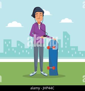 Stadt-Landschaft-Hintergrund mit Guy in der Skateboard-soziales Netzwerk-Kommunikation Stock Vektor