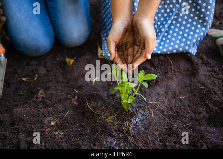 Beschnitten, Bild eines Mädchens mit Großmutter Bewässerung von Pflanzen aus der hohlen Hand in Hof Stockfoto