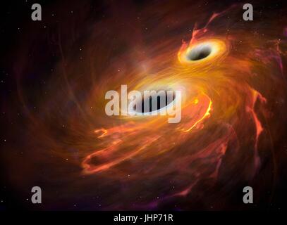 Abbildung zweier Schwarzer Löcher umkreisen einander in einem kombinierten Akkretionsscheibe. Schließlich fusionieren die schwarzen Löcher, ein Ereignis, die Gravitationswellen erzeugen wird.