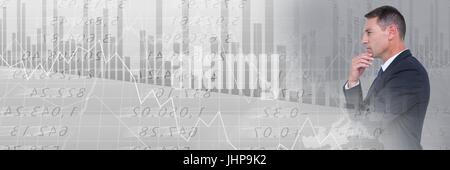 Digitalen Verbund aus denken Geschäftsmann mit Diagrammen und Abbildungen Statistik Übergang Stockfoto