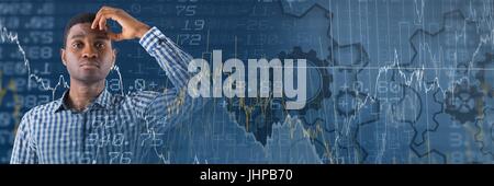 Digital Composite denkenden Menschen mit Börse Finanzen Zahlen und Statistiken Übergang Stockfoto