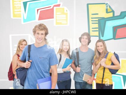Digital zusammengesetzte Gruppe von Studenten vor bunten Grafiken für Ordner und Dateien Stockfoto