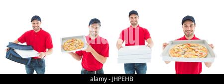 Digitalen Verbund der Lieferbote holding Pizza collage Stockfoto