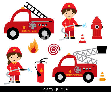 Fire Fighter Mädchen und Jungen mit unterschiedlichen Feuer Verwandte Cliparts Icon-Sammlung Stockfoto