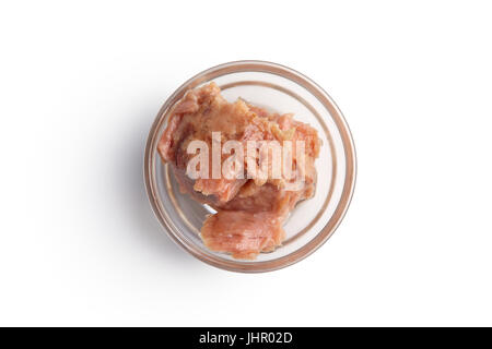 Draufsicht der Platte mit Thunfisch in Dosen Stockfoto