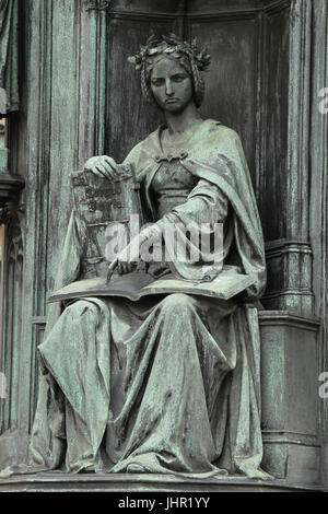 Allegorische Frauengestalt personifiziert der juristischen Fakultät der Karls-Universität auf dem Sockel des Denkmals für den Heiligen römischen Emperor Charles IV am Křižovnické Square in Staré Město (Altstadt) in Prag, Tschechien. Das Denkmal des deutschen Bildhauers Ernst Julius Hähnel entworfen wurde 1844 von deutschen Gründer Jacob Daniel Burgschmiet gegossen. Stockfoto