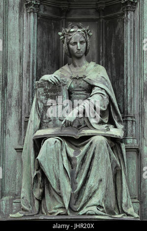 Allegorische Frauengestalt personifiziert der juristischen Fakultät der Karls-Universität auf dem Sockel des Denkmals für den Heiligen römischen Emperor Charles IV am Křižovnické Square in Staré Město (Altstadt) in Prag, Tschechien. Das Denkmal des deutschen Bildhauers Ernst Julius Hähnel entworfen wurde 1844 von deutschen Gründer Jacob Daniel Burgschmiet gegossen. Stockfoto