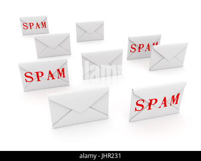 Spam-Konzept mit Umschlag, dies ist ein 3d gerendert Computer generierte Bild. Isolated on White. Stockfoto