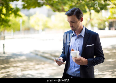 Geschäftsmann mit Handy im Park an einem sonnigen Tag Stockfoto
