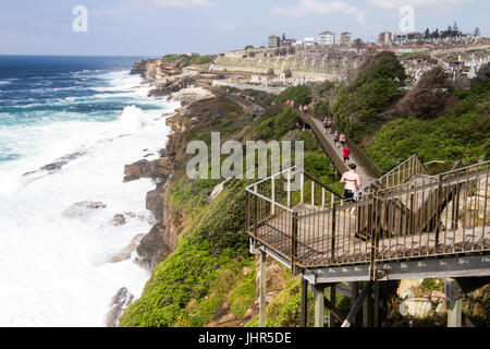 Bondi, Coogee Küstenwanderung mit Seegang und Waerley Friedhof im Hintergrund, Sydney, New South Wales, Australien, Stockfoto