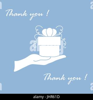 Niedliche Bild mit Hand, ein Geschenk und eine Inschrift: Ich danke Ihnen auf einem farbigen Hintergrund. Stock Vektor