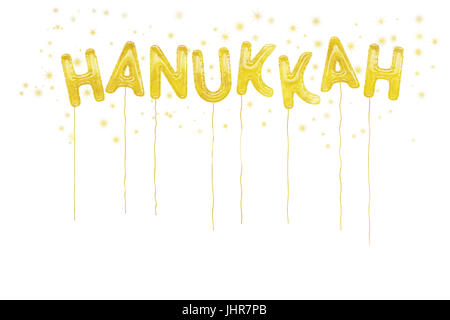 Goldene Hannukah Ballons und Sternen auf weißem Hintergrund. Stockfoto