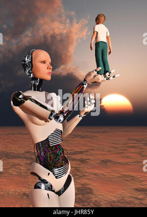 Ein Junge steht In einer Roboter-Hand. Stockfoto