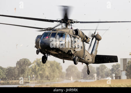 GRAVE, Niederlande - SEP 17, 2014: Zwei amerikanische Armee Blackhawk Hubschrauber Landung in einem Feld. Stockfoto