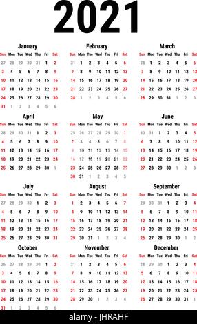 Kalender für das Jahr 2021 Stock Vektor