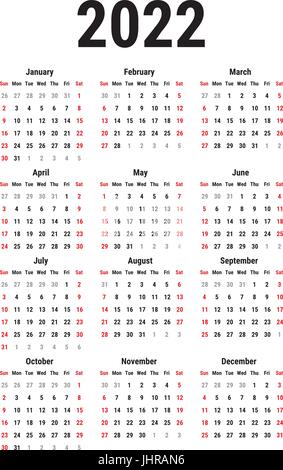 Kalender für das Jahr 2022 Stock Vektor