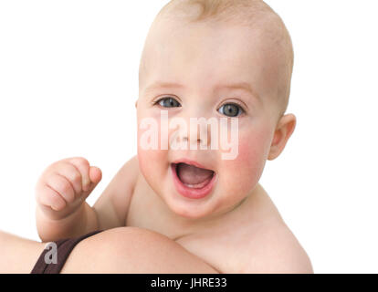 Schönen Lächeln niedlichen Baby loocing an der Kamera. Der Spaß Baby ist zu winken glücklich und ballte eine Faust an Mama's Hände, Nahaufnahme, isoliert Stockfoto
