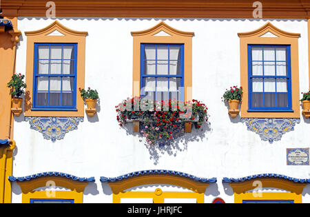 Dekorative bemalte Fassade Gebäude Windows Blumen entlang der zentralen Kanal Aveiro in Portugal Stockfoto