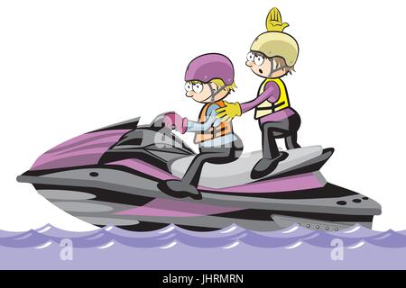 Zwei Mann fahren einen Wasserscooter - isoliert auf weiss. Konzeptionelle Vektor-Illustration. Stock Vektor