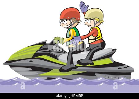 Zwei Mann fahren einen Wasserscooter - isoliert auf weiss. Konzeptionelle Vektor-Illustration. Stock Vektor