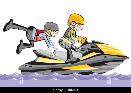 Zwei Mann fahren einen Wasserscooter - isoliert auf weiss. Konzeptionelle Vektor-Illustration. Stock Vektor