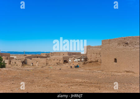 Frau in ihrem kleinen Bauernhof in dem kleinen Dorf in der Nähe von Merzouga, Marokko Stockfoto