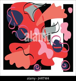 Abstrakte Muster Vektorgrafik mit geschwungenen Linien und Formen. Orange, rot, blau, rosa und grau auf einem schwarzen und weißen Hintergrund. Stock Vektor