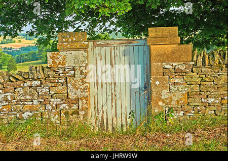 Eine Holztür in einer Steinmauer Cotswold Stockfoto