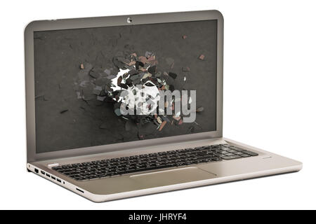 Golfball fliegen durch defekte Monitor des Laptops, 3D-Rendering isolierten auf weißen Hintergrund Stockfoto