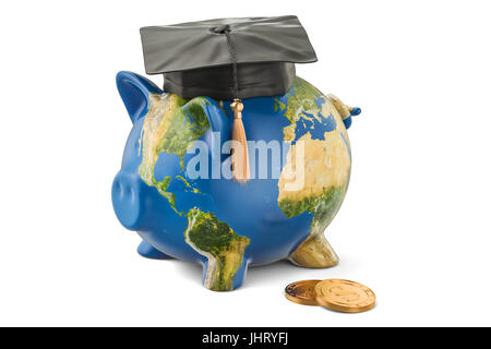 Einsparungen für Bildungskonzept. Sparschwein mit Karte der Erde, 3D-Rendering isolierten auf weißen Hintergrund Stockfoto