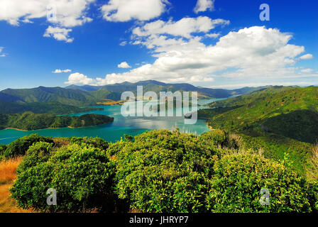 "Look des Berges Onahau, Queen Charlotte Track auf der Kenepuru sound, Marlborough sounds-Nationalpark, Südinsel Neuseeland; Februar ', Bl Stockfoto