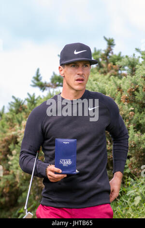 Southport, Merseyside, England. 16. Juli 2017. Strahlender Sonnenschein für den 1. Tag der Praxis bei den British Open Championships in Royal Birkdale. Bildnachweis: MediaWorldImages/Alamy Live-Nachrichten Stockfoto