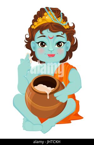 Happy Janmashtami. Wir feiern die Geburt Krishnas. Kleine Krishna schmeckt Butter. Traditionelle indische Fest. Vektor-illustration Stock Vektor