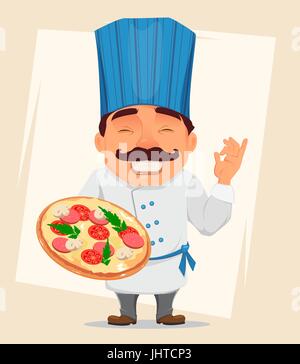 Chef-Koch Holding leckere Pizza. Niedliche Cartoon-Figur, Koch in professionellen einheitlich und blauen Hut lächelnd. Aktie vector Stock Vektor