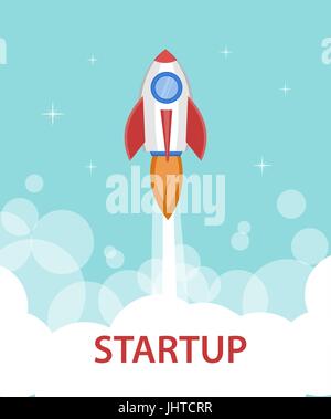 Raumschiff Rocket beginnt des Fluges in den Himmel. Start Konzept Symbol im flachen Stil Stock Vektor
