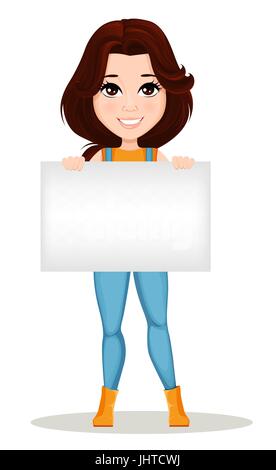 Niedlichen Cartoon Charakter Holding leer Banner. Bauernmädchen in Arbeit Overall gekleidet. Verwendbar für Animation, als Design-Element und insbesondere im Zusammenhang mit eine Farm pro Stock Vektor