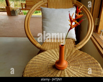 Entspannende Raum mit Rattan Sessel und runder Tisch mit Paradiesvogel Blume in Terrakotta-vase Stockfoto