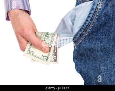 Mann unter fünf Dollar aus einem Pocket-Jeans, isoliert auf weißem Hintergrund Stockfoto