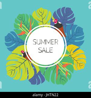 Summer Sale Vector Illustration Werbung Vorlage mit bunten tropischen Palmen, Blumen, exotische Vögel auf blauem Hintergrund Stock Vektor