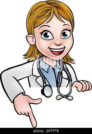 Frau Doktor-Cartoon-Figur zeigen Stock Vektor