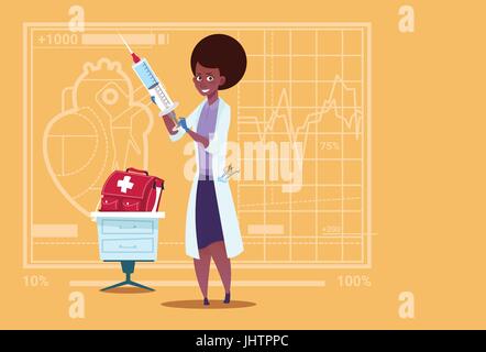 Frau Doktor Holding Spritze medizinische Kliniken African American Arbeiter Klinik Stock Vektor