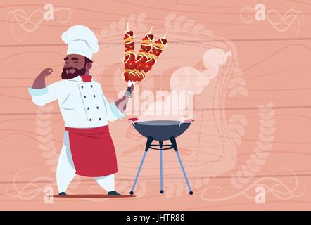 African American Chef Cook halten Kebab lächelnd Cartoon Restaurant Chef In weißer Uniform über hölzerne strukturierten Hintergrund Stock Vektor