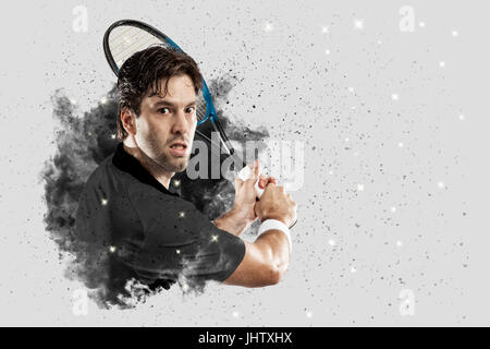 Tennis-Spieler mit einem schwarzen uniform, die aus einer Explosion von Rauch. Stockfoto