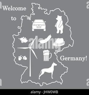 Vector Illustration mit verschiedenen Symbolen in Deutschland. Reisen und Freizeit. Design für Banner, Poster oder Drucken. Stock Vektor