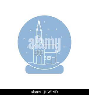 Vector Abbildung: Rathaus mit Uhr und das Haus innen Glaskugel mit Schnee. Design Element für Postkarte, Einladung, Banner oder Flyer i Stock Vektor