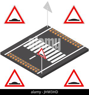 Bodenschwelle auf das Straßensegment. Schlafenden Polizei melden Sie auf einem weißen Hintergrund. Flache isometrische 3D-Stil, Vektor-Illustration. Stock Vektor