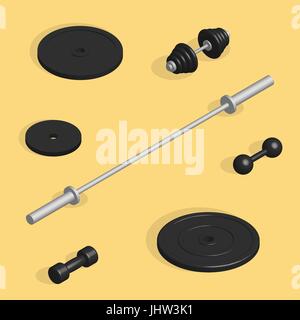 Satz von Sport-Ausrüstungsgegenstände. Designelemente für Fitness-Studio und Fitness-Raum. Flache isometrische 3D-Stil, Vektor-Illustration. Stock Vektor