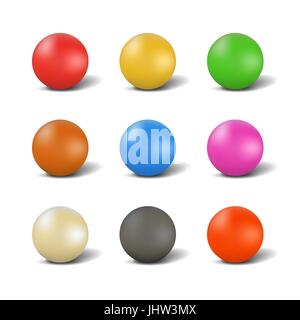 Reihe von bunten glänzende Kugeln zu spielen Billard mit Schatten, isoliert auf weißem Hintergrund. Elemente des Designs von Sportgeräten. 3D-Stil, vec Stock Vektor
